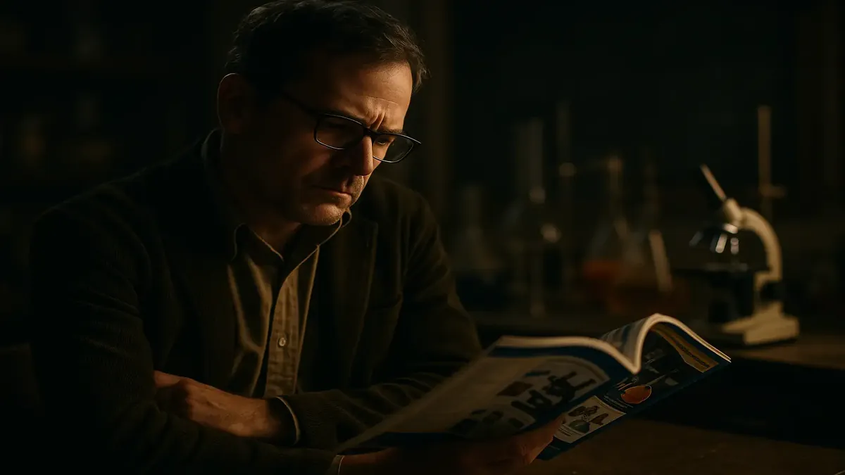 Teacher examining educational supplies from a science catalog in a classroom setting.