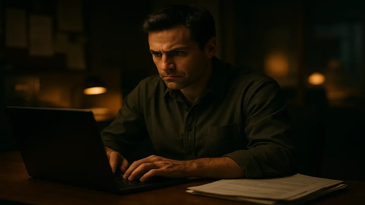 Frustrated employees struggling with shared login issues in a cinematic office setting.