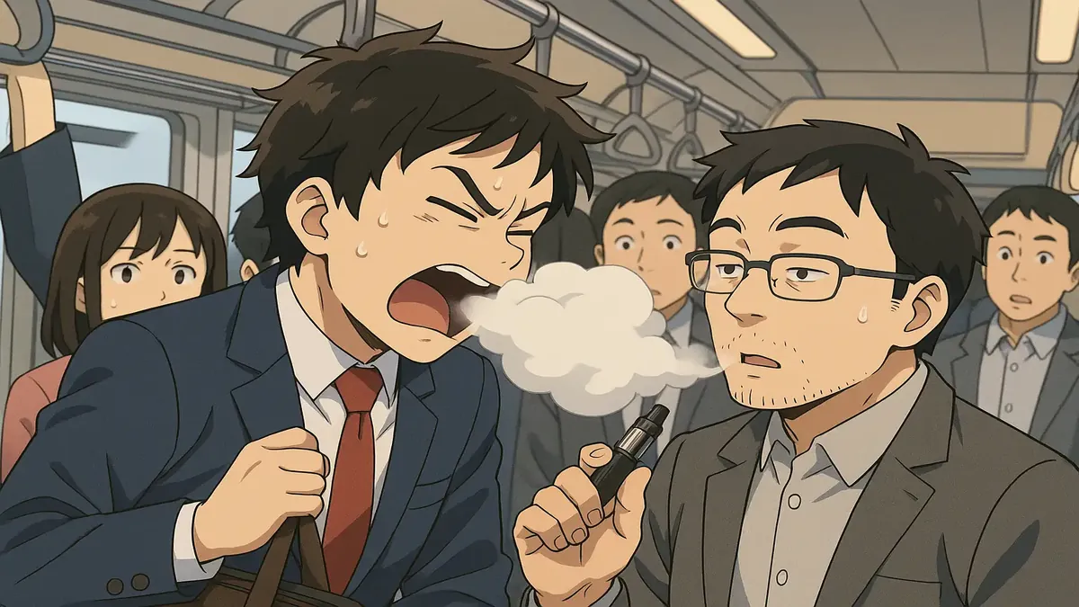 Anime illustration of a crowded train with a person vaping, highlighting the discomfort of commuters.