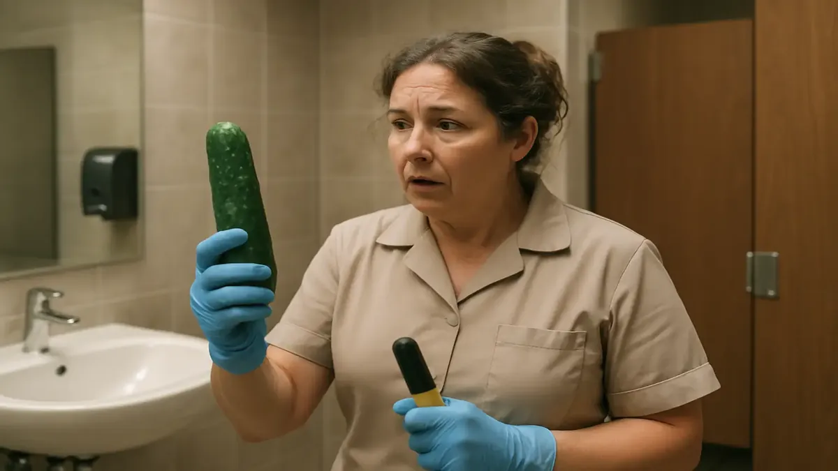 Housekeeper cleaning pool area with a cucumber on the floor, photorealistic scene depicting daily tasks.