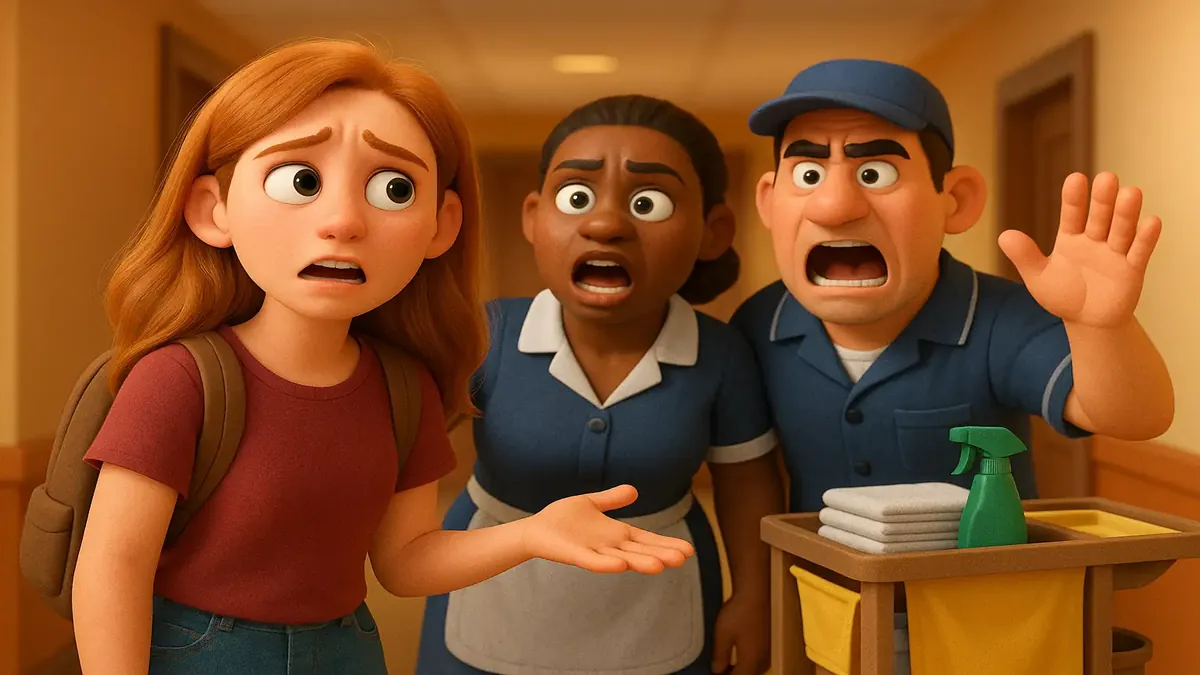 Cartoon-3D illustration of a frustrated employee surrounded by chaotic staff interactions at work.