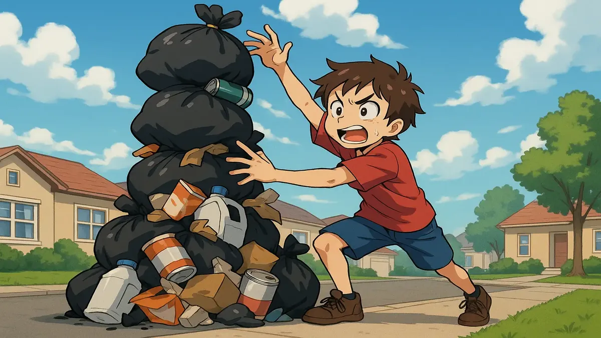 Anime-style illustration of a family stacking trash bags in a rental community, highlighting waste management challenges.