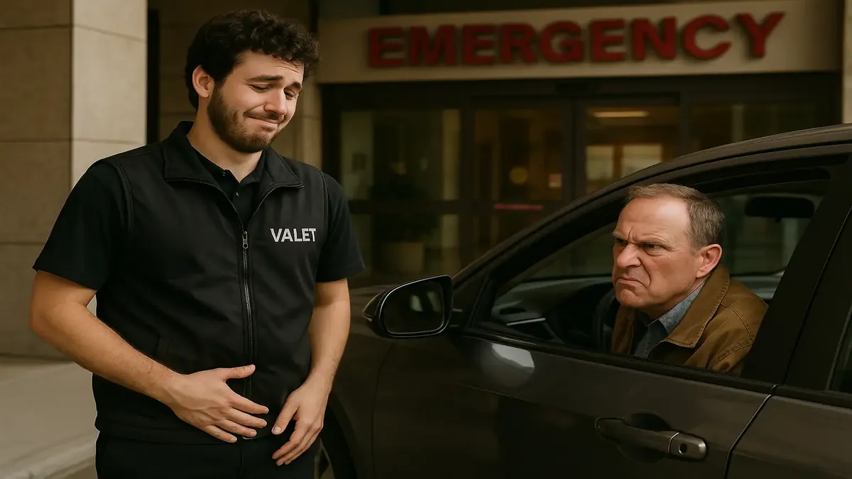 Valet parking at a hospital during the night shift, with a humorous twist on customer interactions.