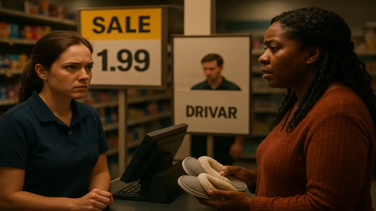 Shift supervisor rings up customer with slippers, surrounded by signs in a retail drug store setting.