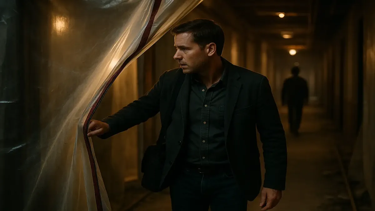 Renovation area with plastic sheets and zippers, indicating a restricted zone during home improvement.