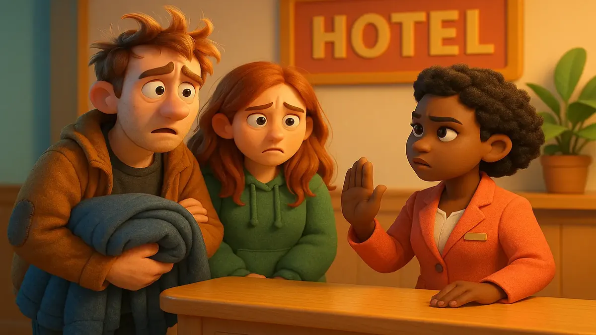 Cartoon-3D illustration of a hotel with a sign about homeless guests, reflecting a community issue and public reaction.
