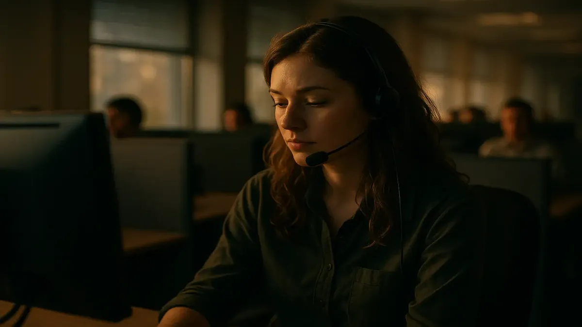 Call center worker balancing admin duties with a headset, showcasing the challenge of multitasking.