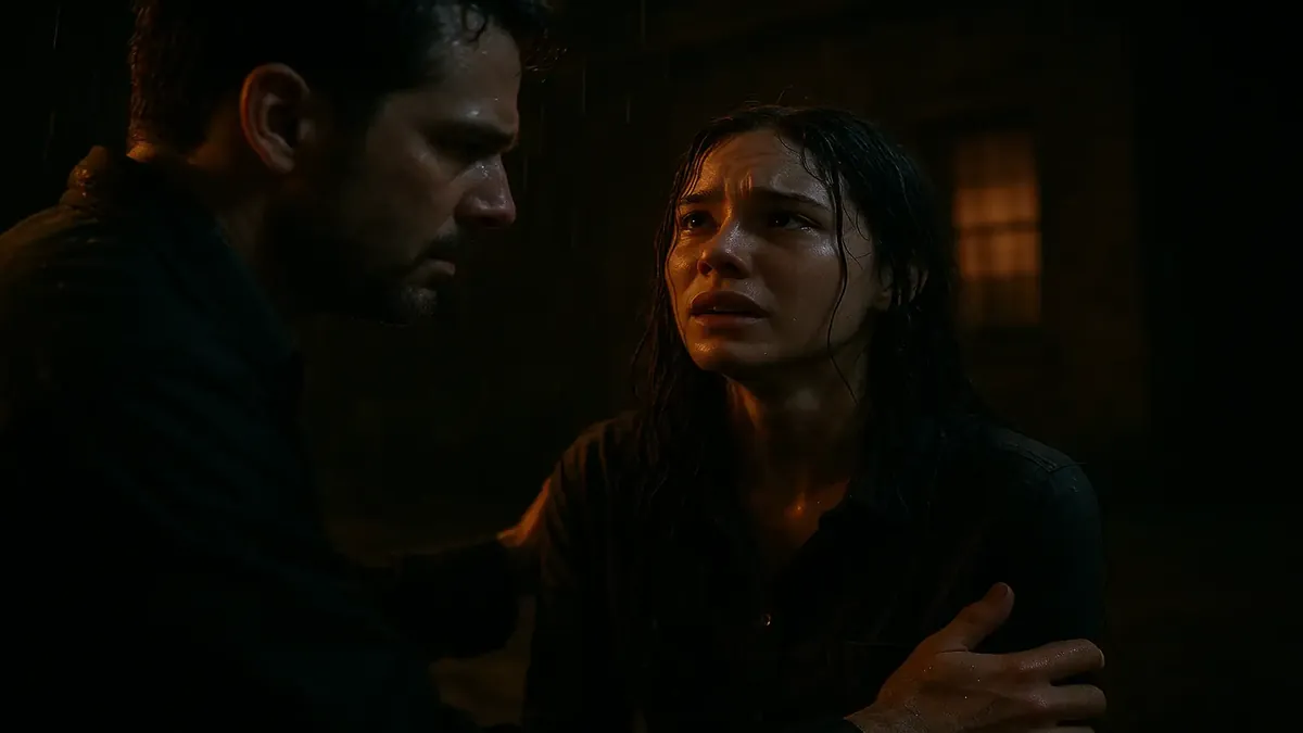 Cinematic image of two coworkers on an audit shift, surrounded by an intriguing atmosphere and guest interactions.