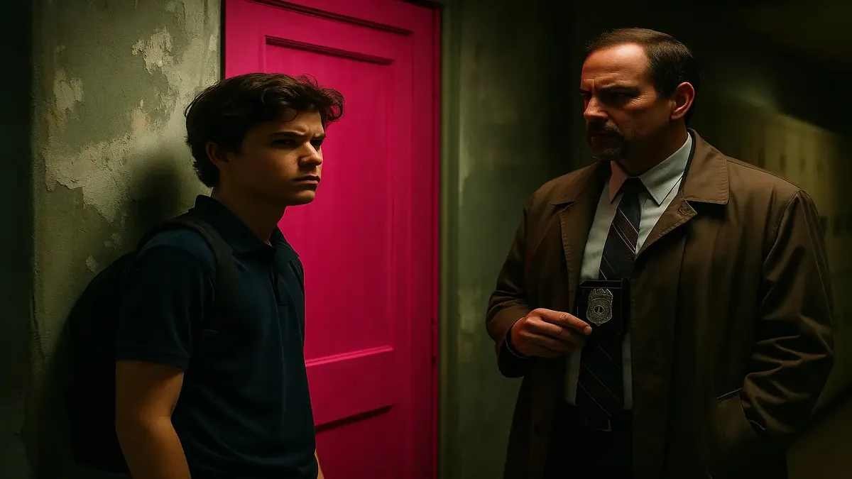 Bright pink office door with artistic elements, symbolizing creativity and student initiative in a school setting.