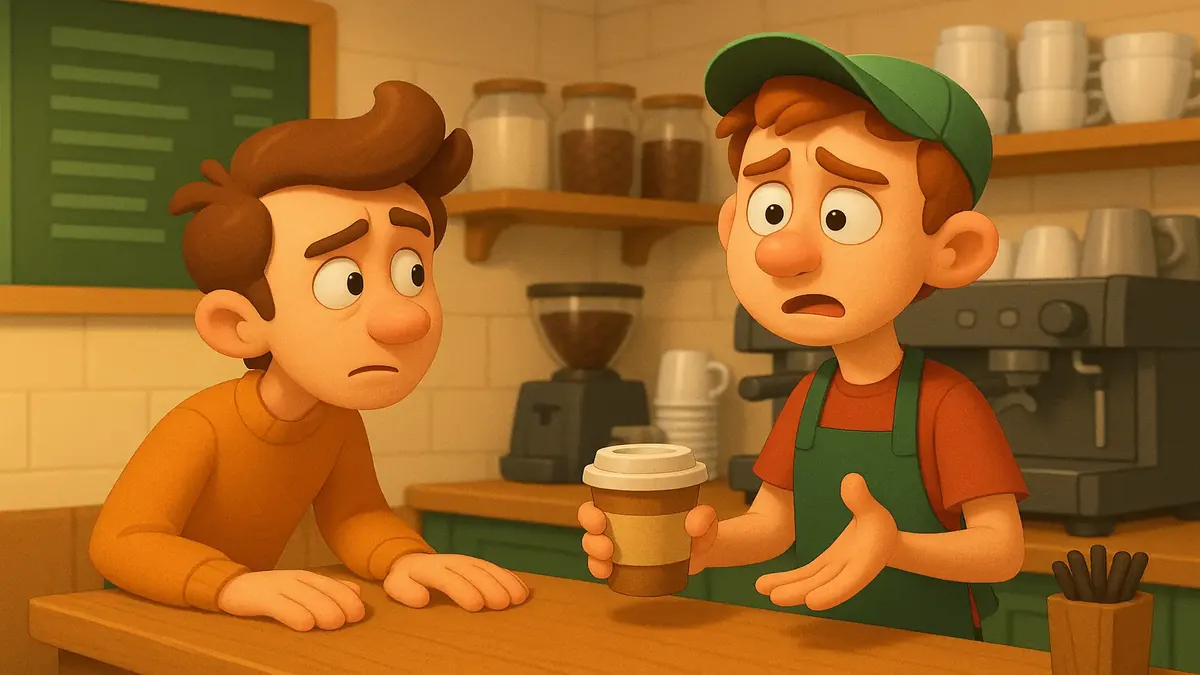 Cartoon 3D illustration of a stressed barista juggling coffee orders at a busy coffee shop.