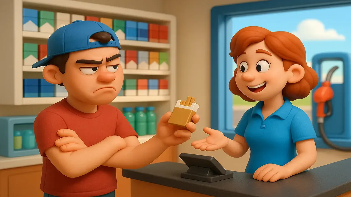 Cartoon-3D illustration of a guy with an attitude at a gas station, holding tobacco and forgetting gasoline.