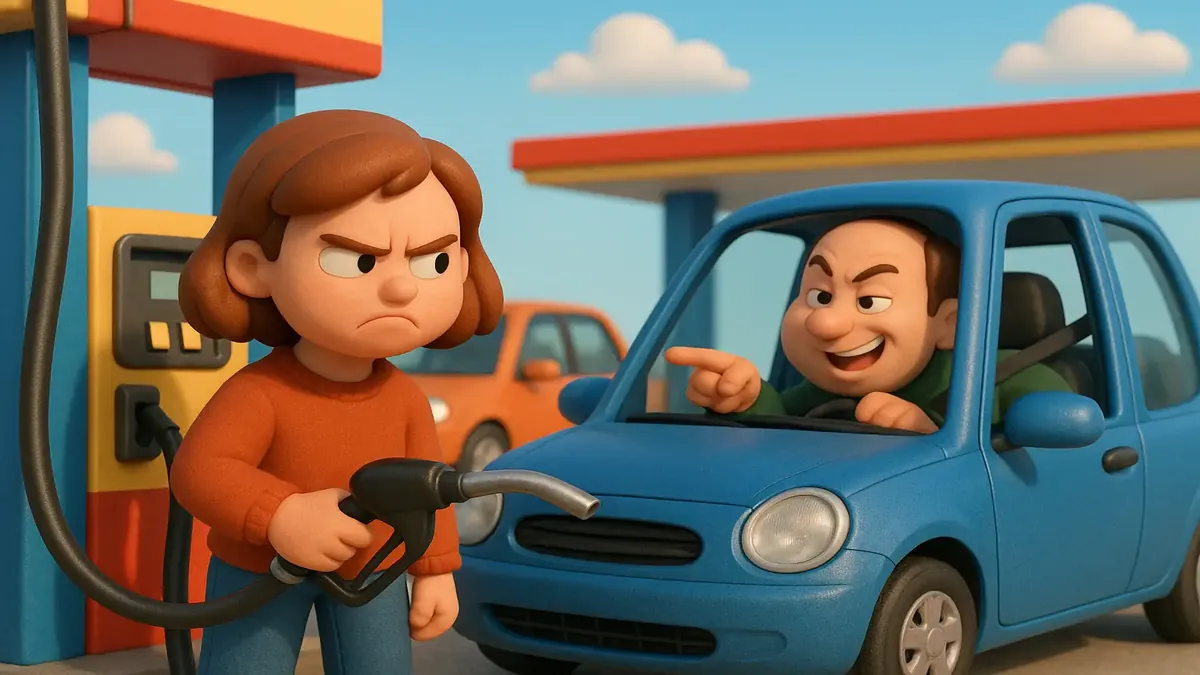 Cartoon-3D depiction of a petty gas pump showdown in Canada’s frigid winter, featuring a humorous twist.
