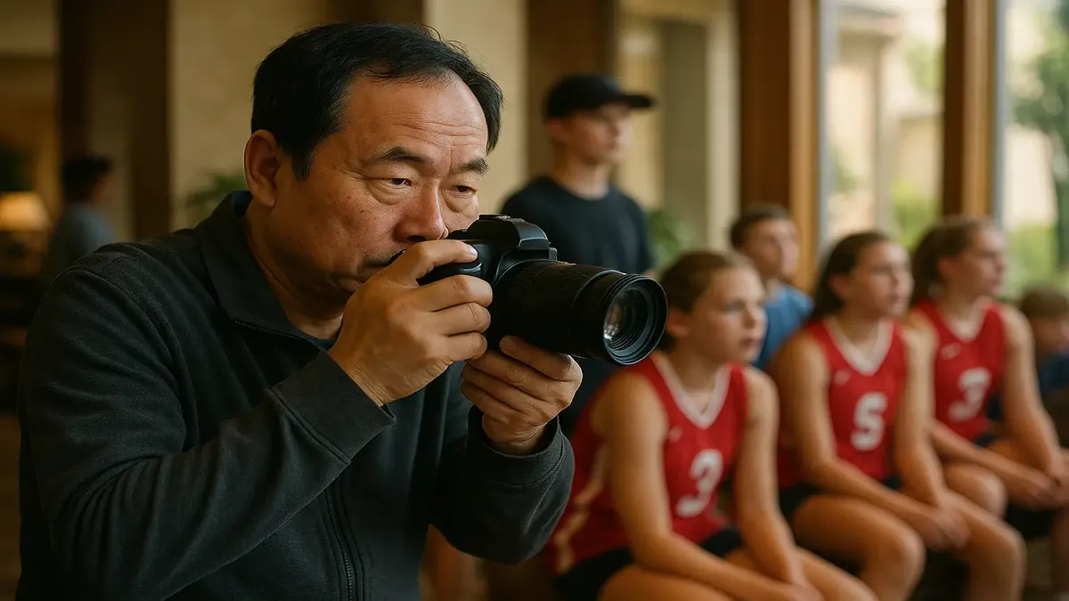Chinese guest discreetly taking photos of other guests at a hotel property, capturing candid moments.