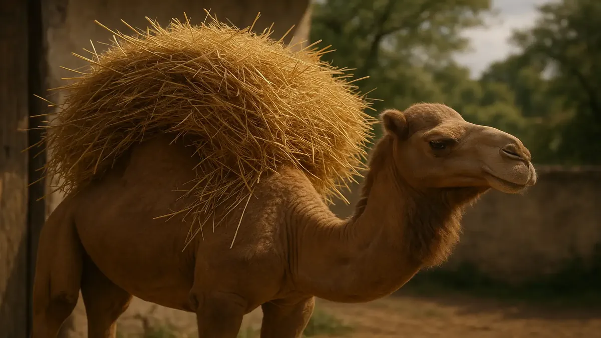 Photorealistic illustration of a camel carrying heavy proverbial straw in a whimsical landscape.