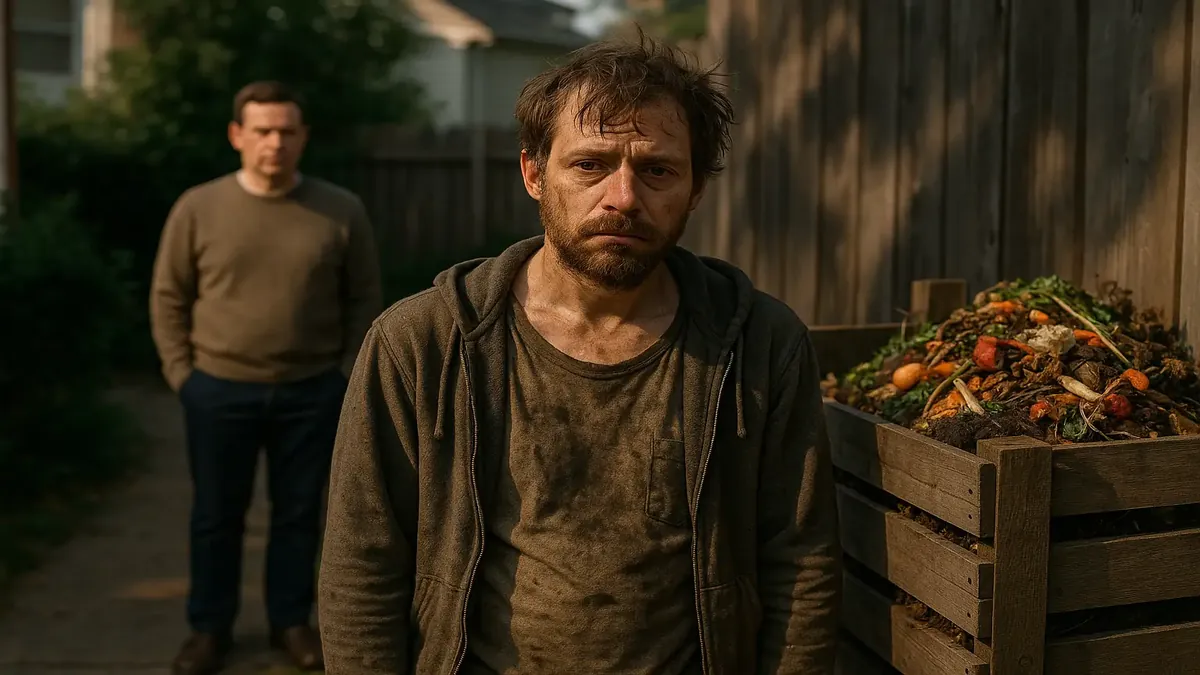 A disheveled man visits friends, facing judgment from a neighbor, symbolizing the struggle of friendship and acceptance.