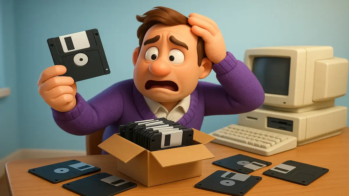 Cartoon-style illustration of floppy disks depicting shipping challenges in software delivery for telecom.