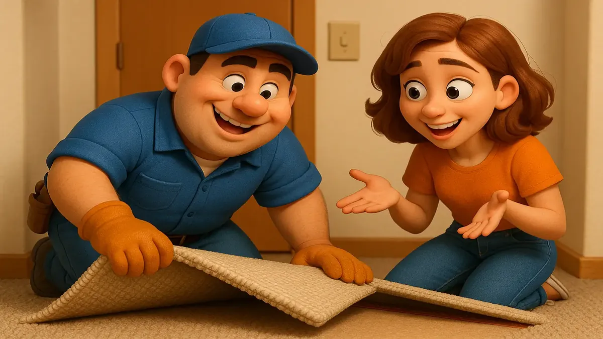 Cartoon-3D illustration of a frustrated tenant discussing carpet cleaning charges with a landlord.