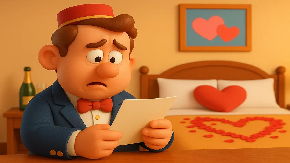 Cartoon 3D illustration of a romantic hotel room with champagne, rose petals, and a luxury upgrade request for Valentine's Day.