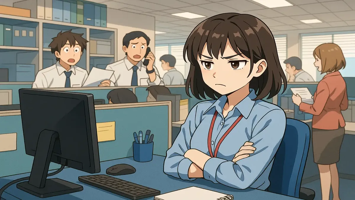 Anime illustration of a helpful character assisting coworkers in a colorful office setting, embodying teamwork and support.