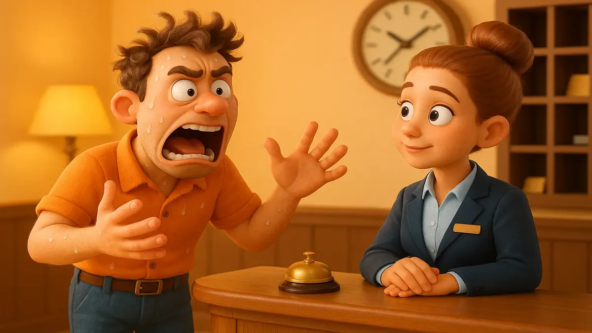 Cartoon-3D illustration of a hotel staff member overwhelmed with morning tasks and sweat, illustrating hotel management chaos.