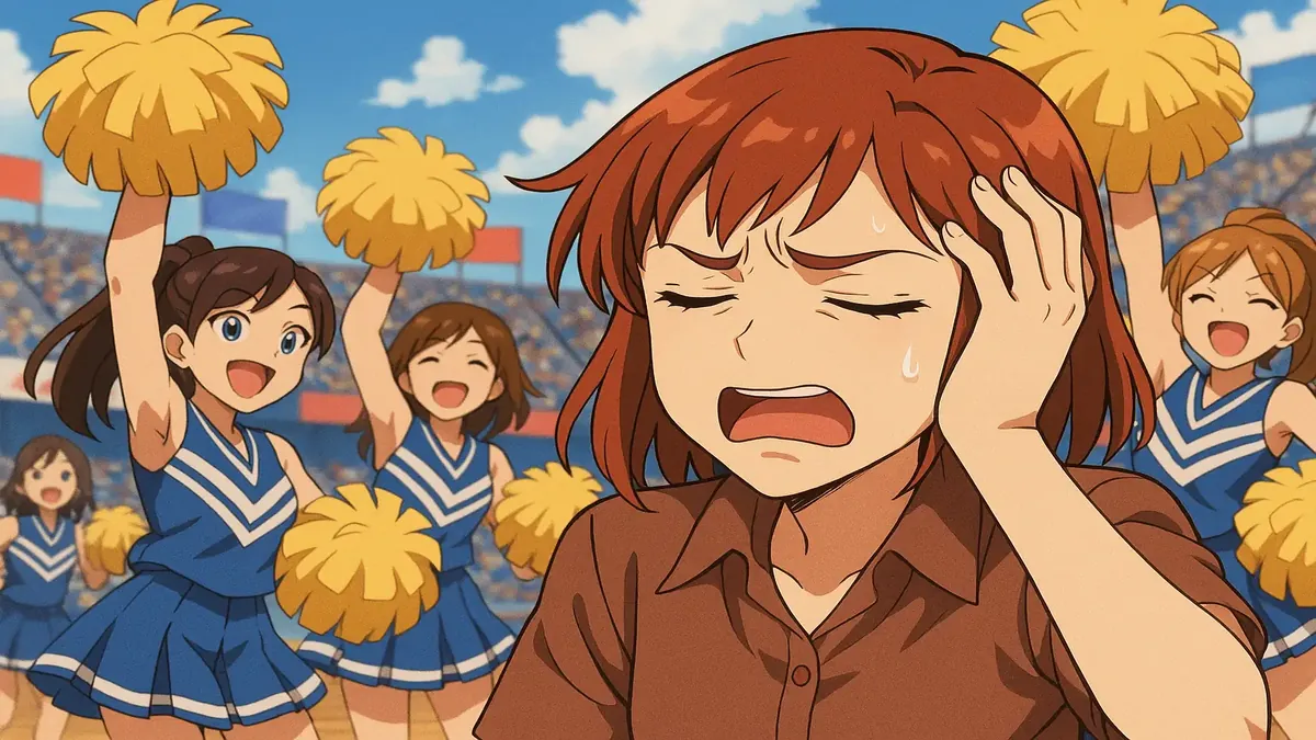Anime-style illustration of a frustrated worker overwhelmed by cheer competition chaos at a nightclub.