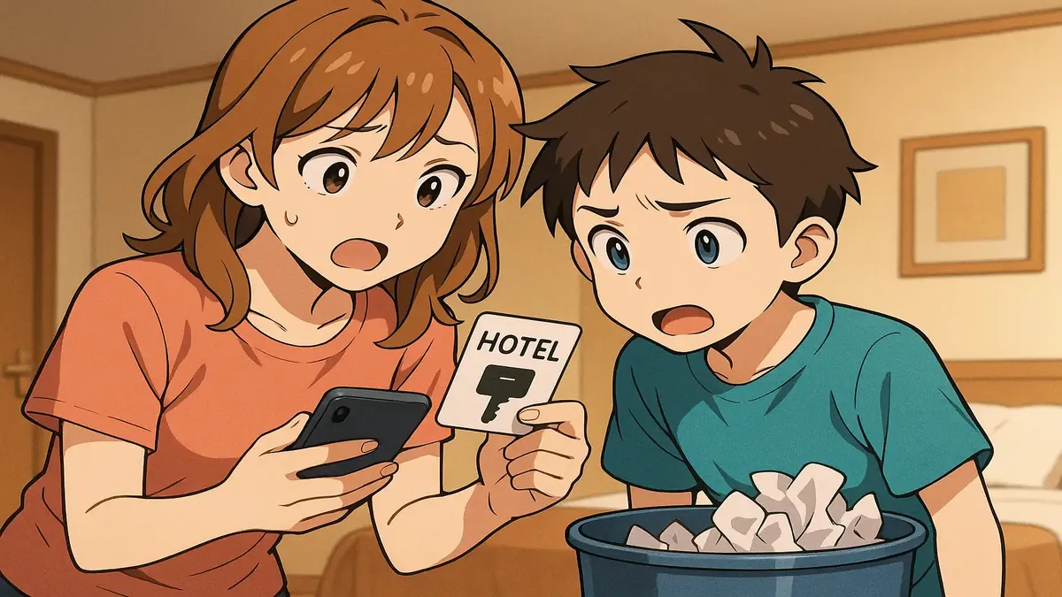 Anime-style illustration of a child holding a hotel key card, contemplating its fate in a trash can.