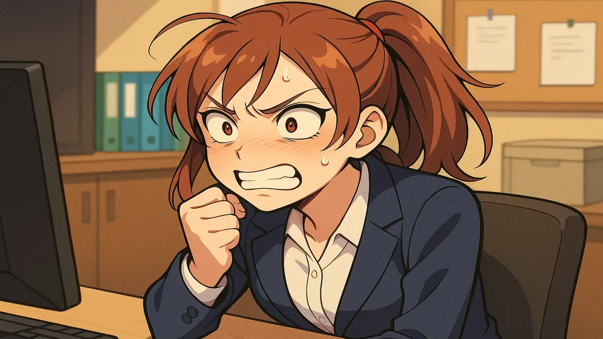 Anime-style illustration of a stressed hotel front desk supervisor expressing frustration and determination.