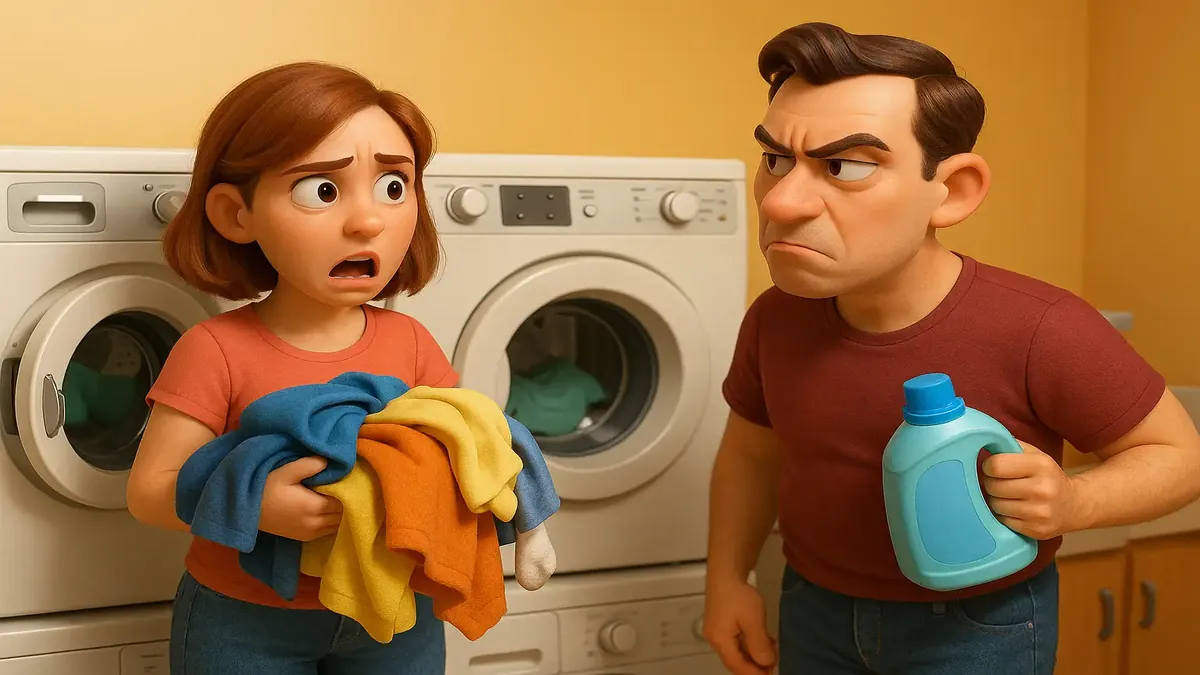 Cartoon-style illustration of a frustrated person finding their clothes dumped by a neighbor in the laundry room.