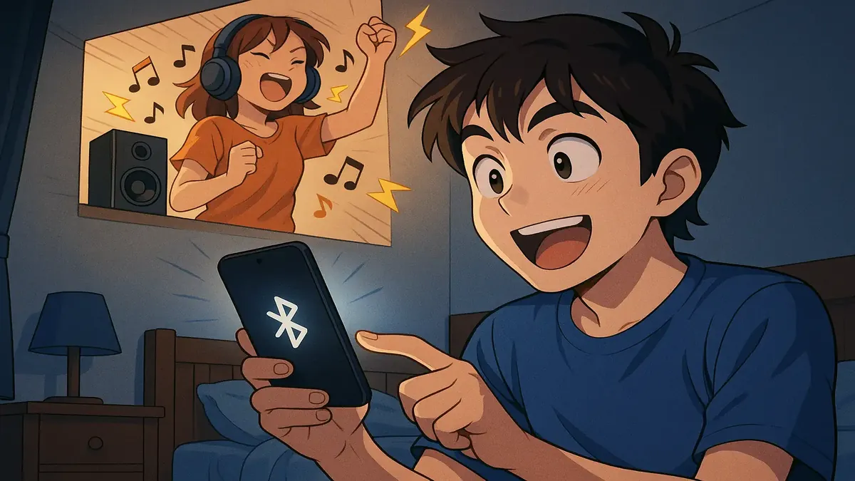 Anime illustration of a frustrated person discovering a Bluetooth speaker from a noisy neighbor above.
