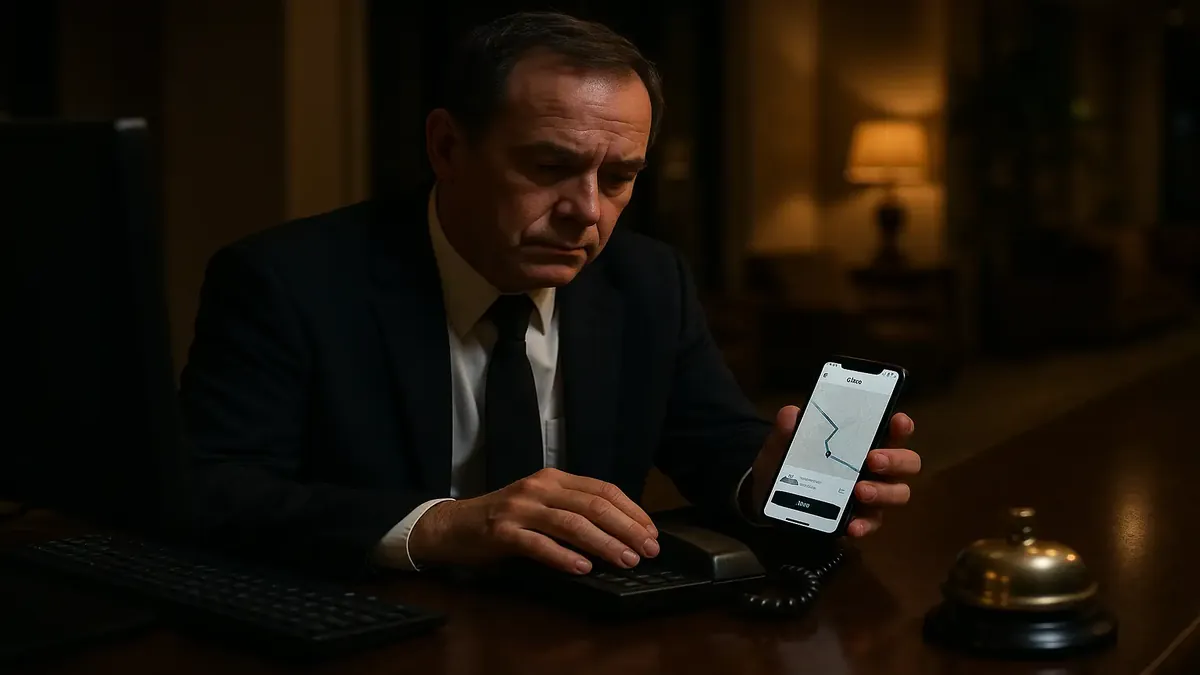 Older man confused about Uber app on phone during hotel stay, illustrating guest service challenges.