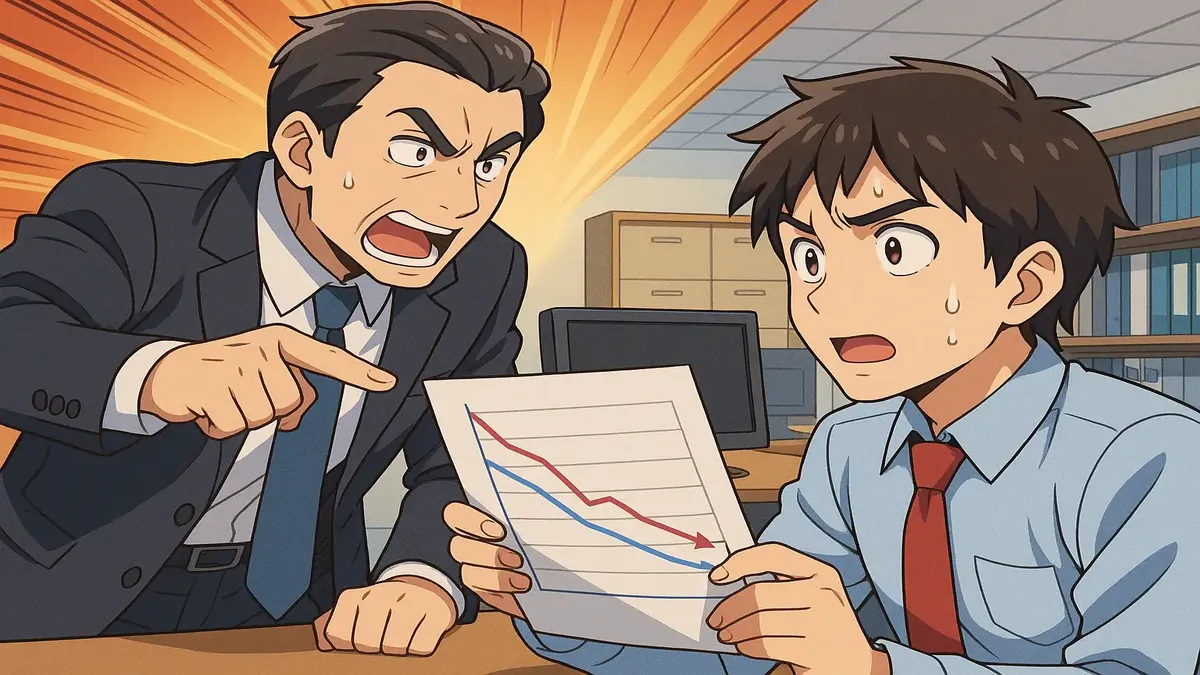 Anime illustration of a department head and employee analyzing performance metrics for a product launch.