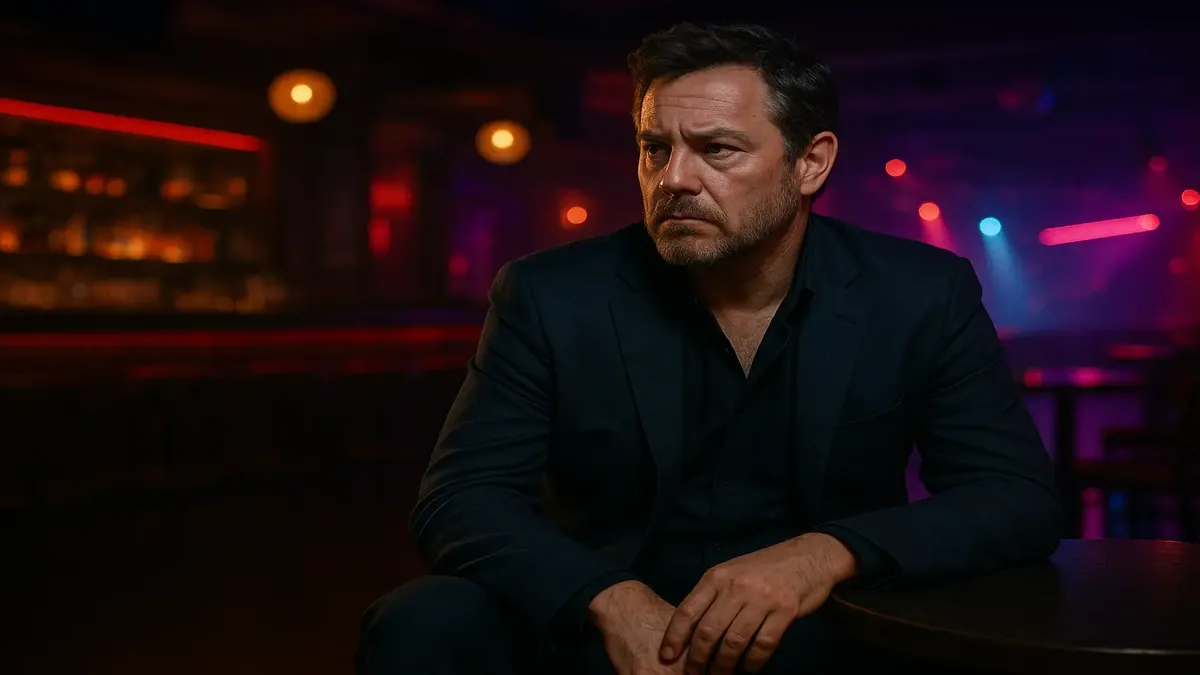 Nightclub owner standing outside his club, showcasing an extravagant nightlife scene, with vibrant lights and energy.