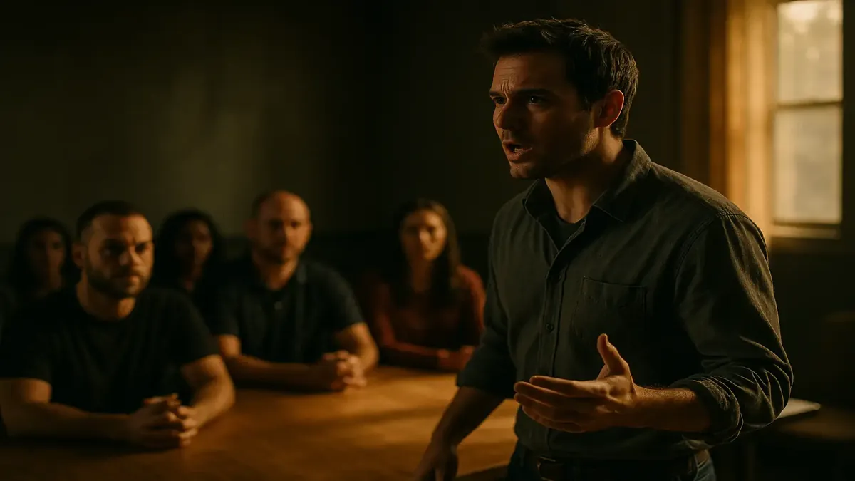 Group interview scene with anxious candidates waiting in a meeting room for late interviewers, cinematic style.