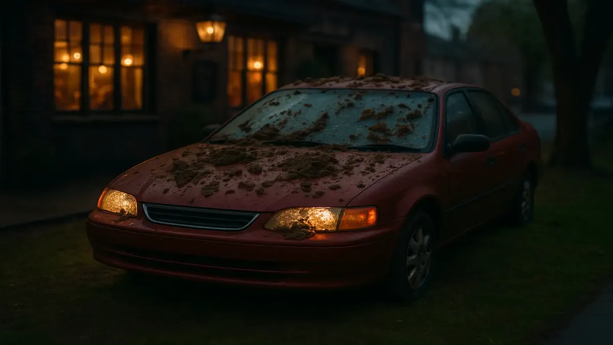 Car parked on a lawn in front of a pub during a lively music night, illustrating parking challenges.
