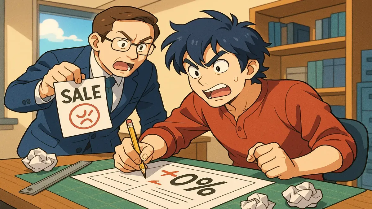 Anime-style illustration depicting a vintage print shop with hand-lettered designs from the 1990s.