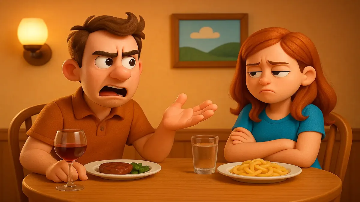 Cartoon-3D illustration of a man humorously referring to his wife as a pet amidst a playful conversation.