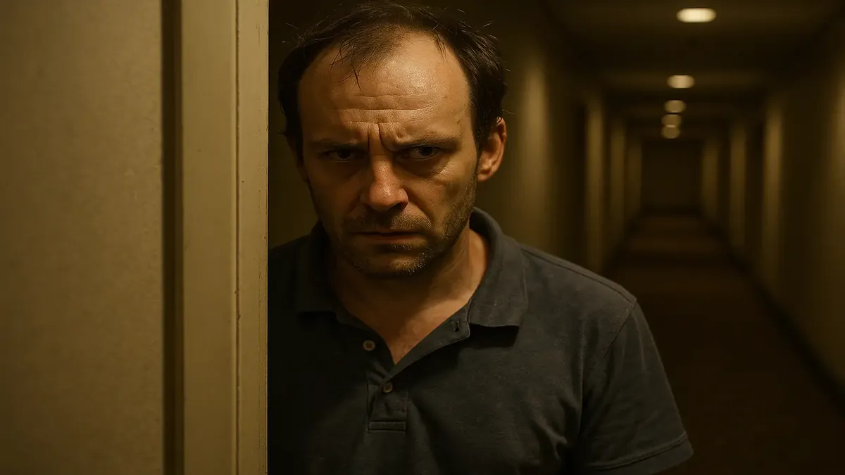 A photorealistic depiction of a tense hotel hallway, hinting at a story of harassment and mental struggles.