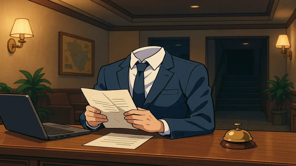 Anime-style night auditor working at a hotel front desk during a quiet night shift.