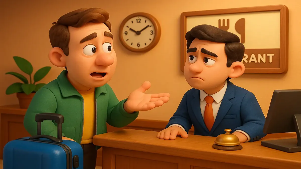 Cartoon-style illustration of a confused hotel guest questioning breakfast inclusion at a budget hotel.