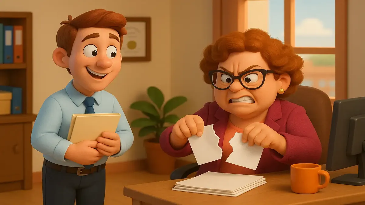 Cartoon-style illustration of a frustrated employee reviewing reports with a critical boss in an office setting.