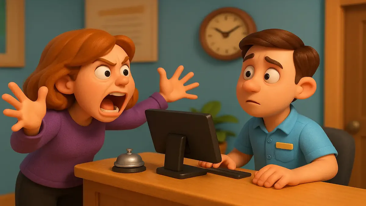 Cartoon 3D illustration of a frustrated front desk worker confronting a clueless customer.