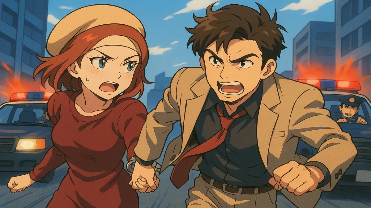 Anime-style illustration of a couple handcuffed together, symbolizing intense love and wild adventures.