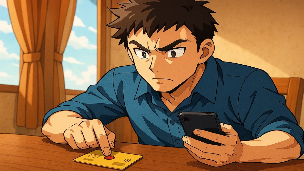 Anime illustration of a frustrated person contemplating cancellation fees on their credit card.
