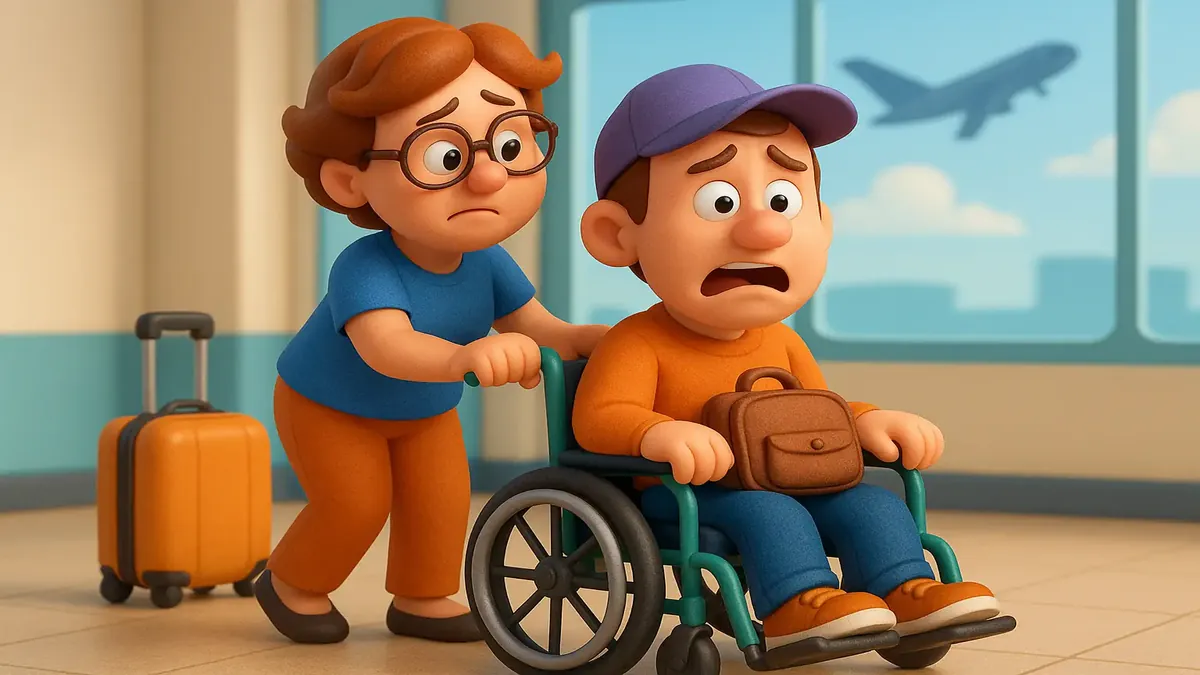 Cartoon 3D illustration of a traveler in a wheelchair at an airport, evoking airline travel experiences.