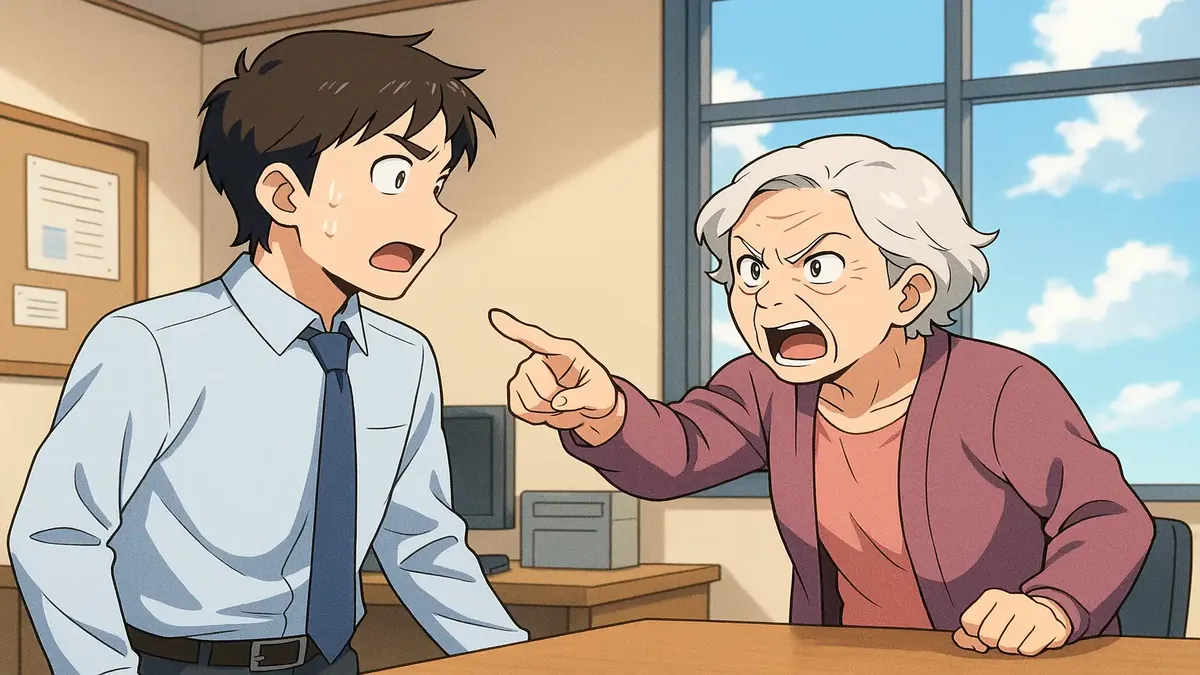 Anime illustration of a frantic grandma accusing a worker of harming geese at an office desk.