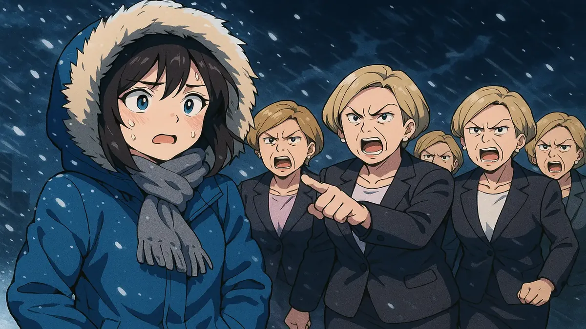 Anime illustration of a Polar Vortex night featuring Business class travelers bundled up in winter attire.