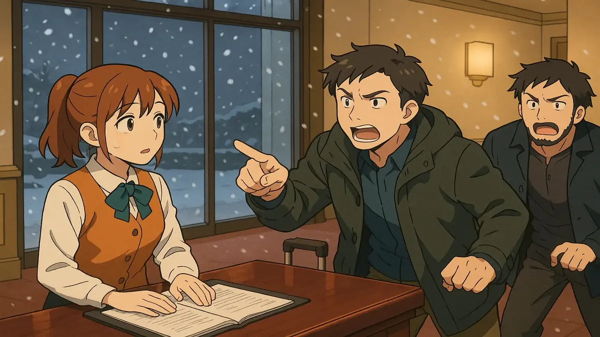 Two men arguing in a hotel lobby, anime style, with a snowy backdrop, capturing a tense moment.