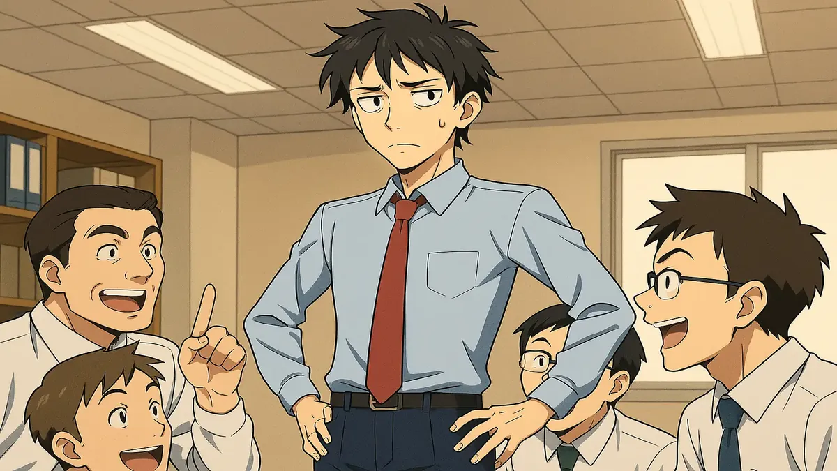 Anime-style illustration of a skinny man in an office, addressing weight-related awkwardness with coworkers.
