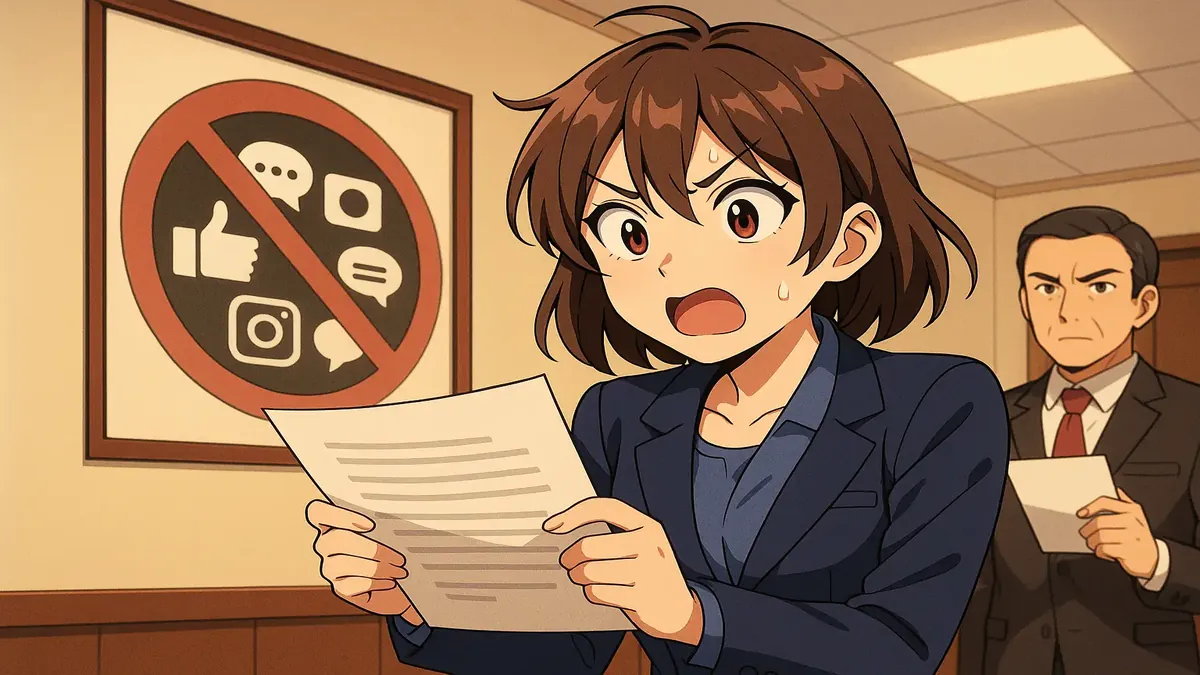 Anime illustration depicting office workers reacting to new social media rules at their workplace.