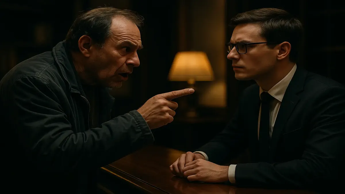 Cinematic scene of a frustrated hotel guest discussing a missing in-room safe with staff.